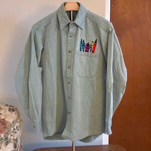 Green Button-Up Crayola Shirt with Crayon Pocket Design